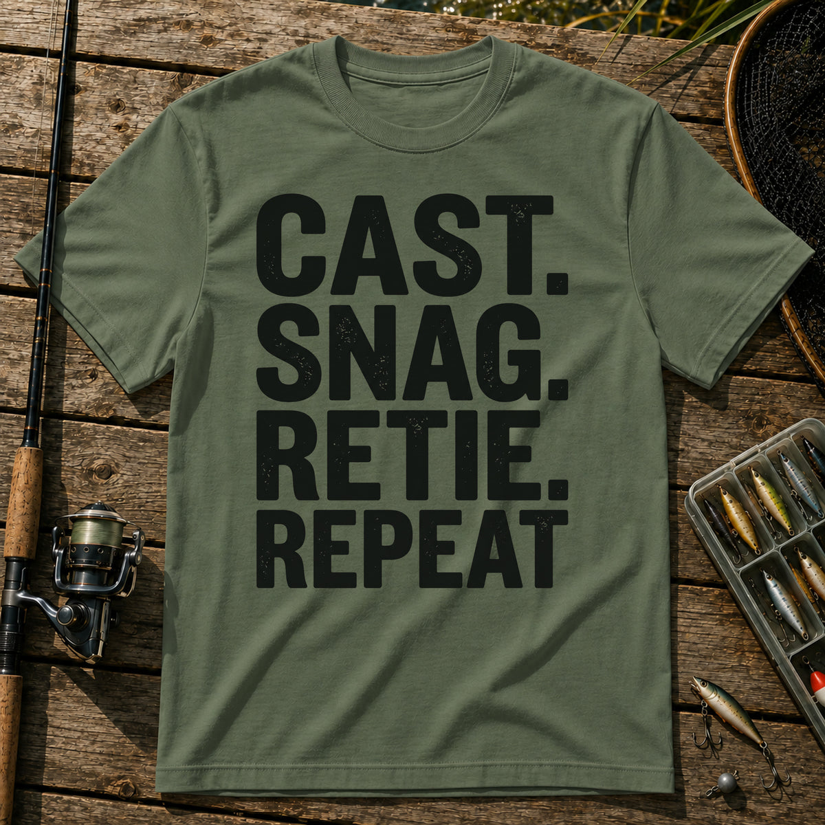 CAST. SNAG. RETIE. REPEAT Typography T-Shirt in Military