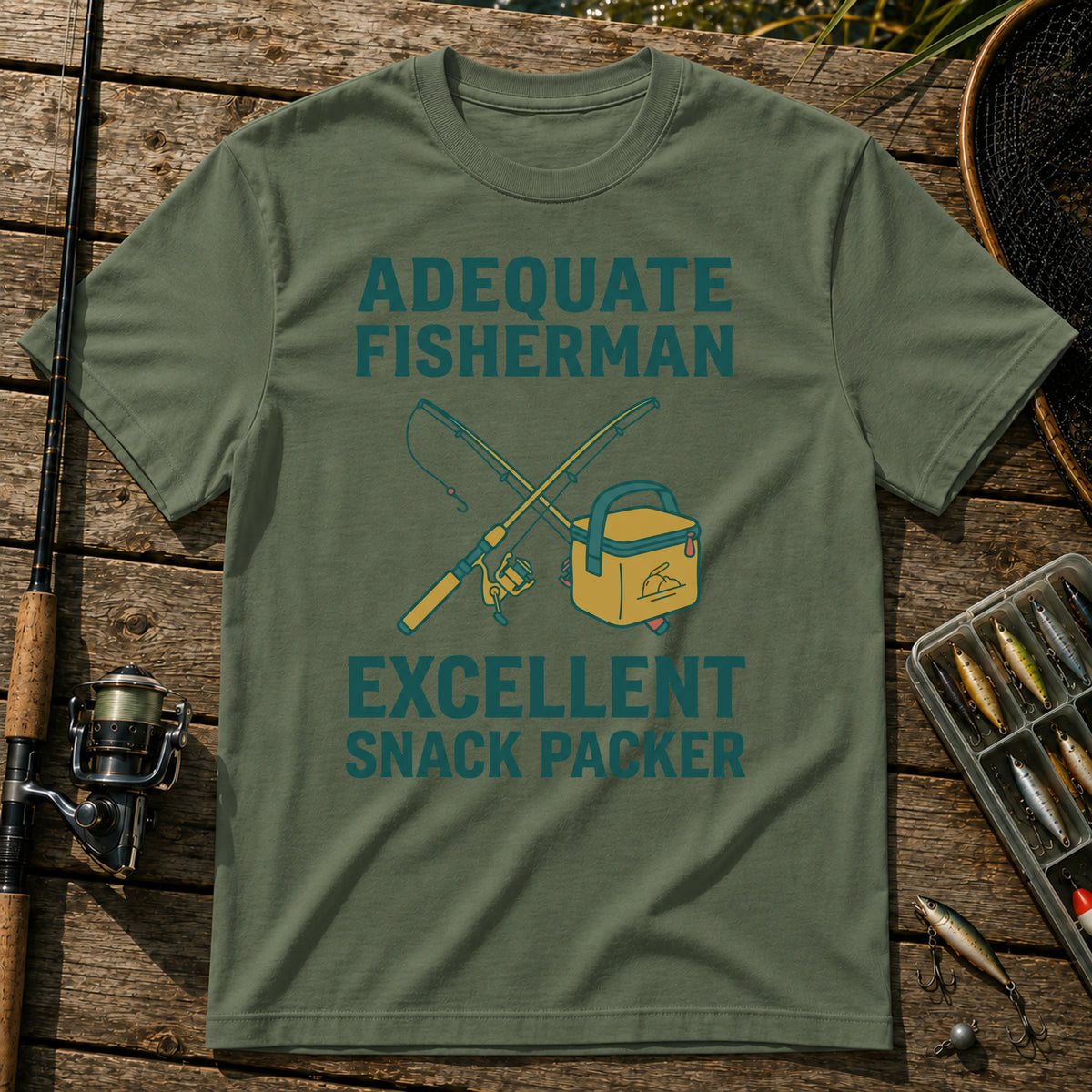 ADEQUATE FISHERMAN. EXCELLENT SNACK PACKER T-Shirt in Military