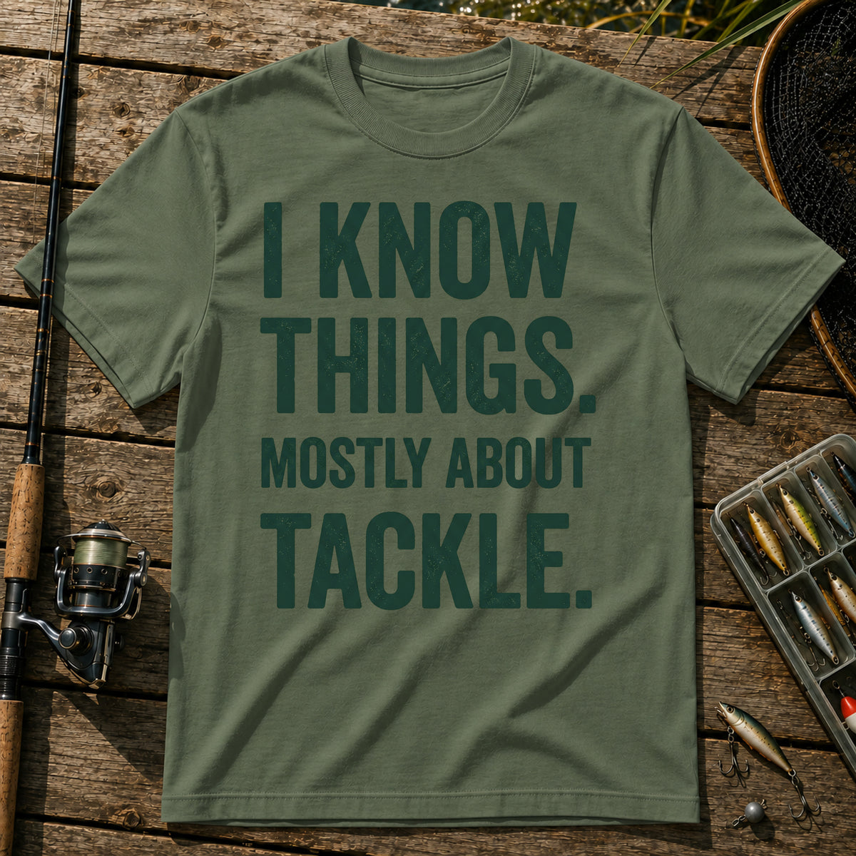 I KNOW THINGS. MOSTLY ABOUT TACKLE. Typography T-Shirt in Military