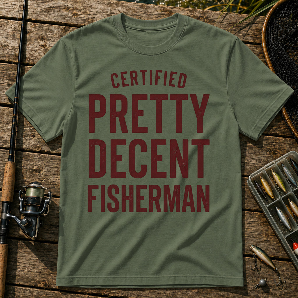 CERTIFIED PRETTY DECENT FISHERMAN Typography T-Shirt in Military