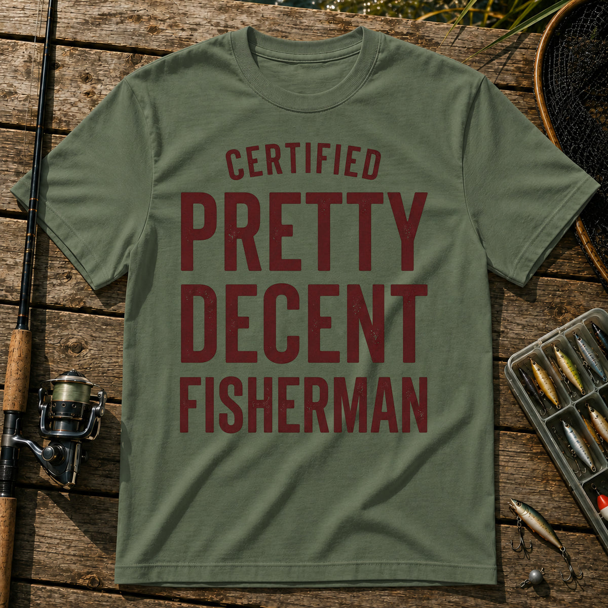 CERTIFIED PRETTY DECENT FISHERMAN Typography T-Shirt in Military