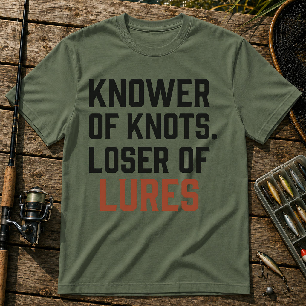 KNOWER OF KNOTS. LOSER OF LURES Typography T-Shirt in Military