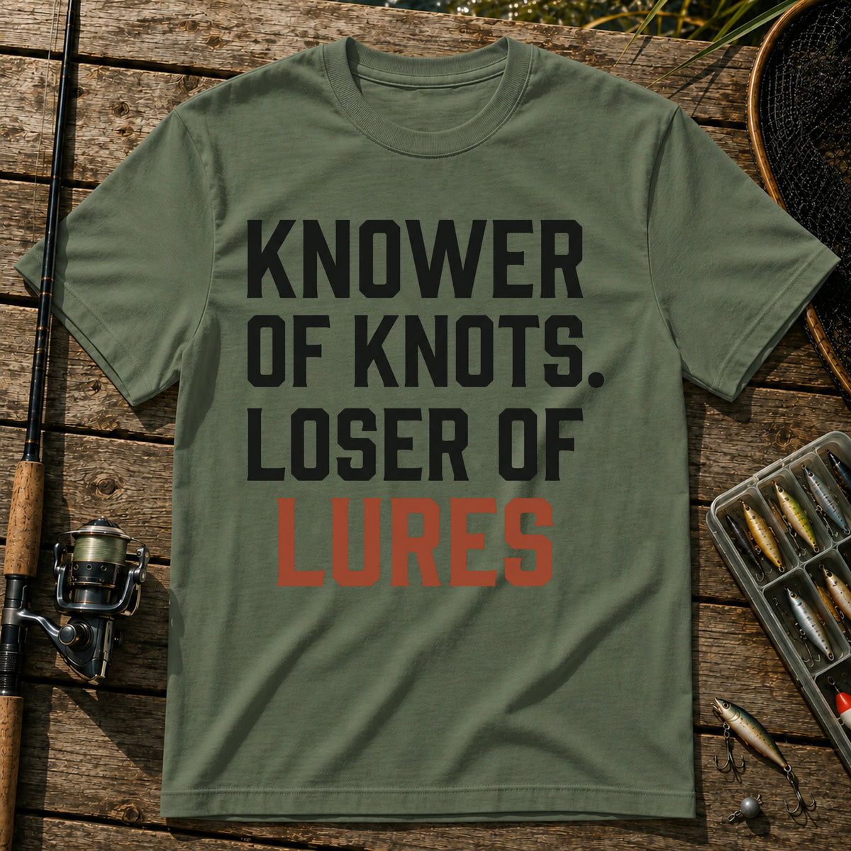 KNOWER OF KNOTS. LOSER OF LURES Typography T-Shirt in Military