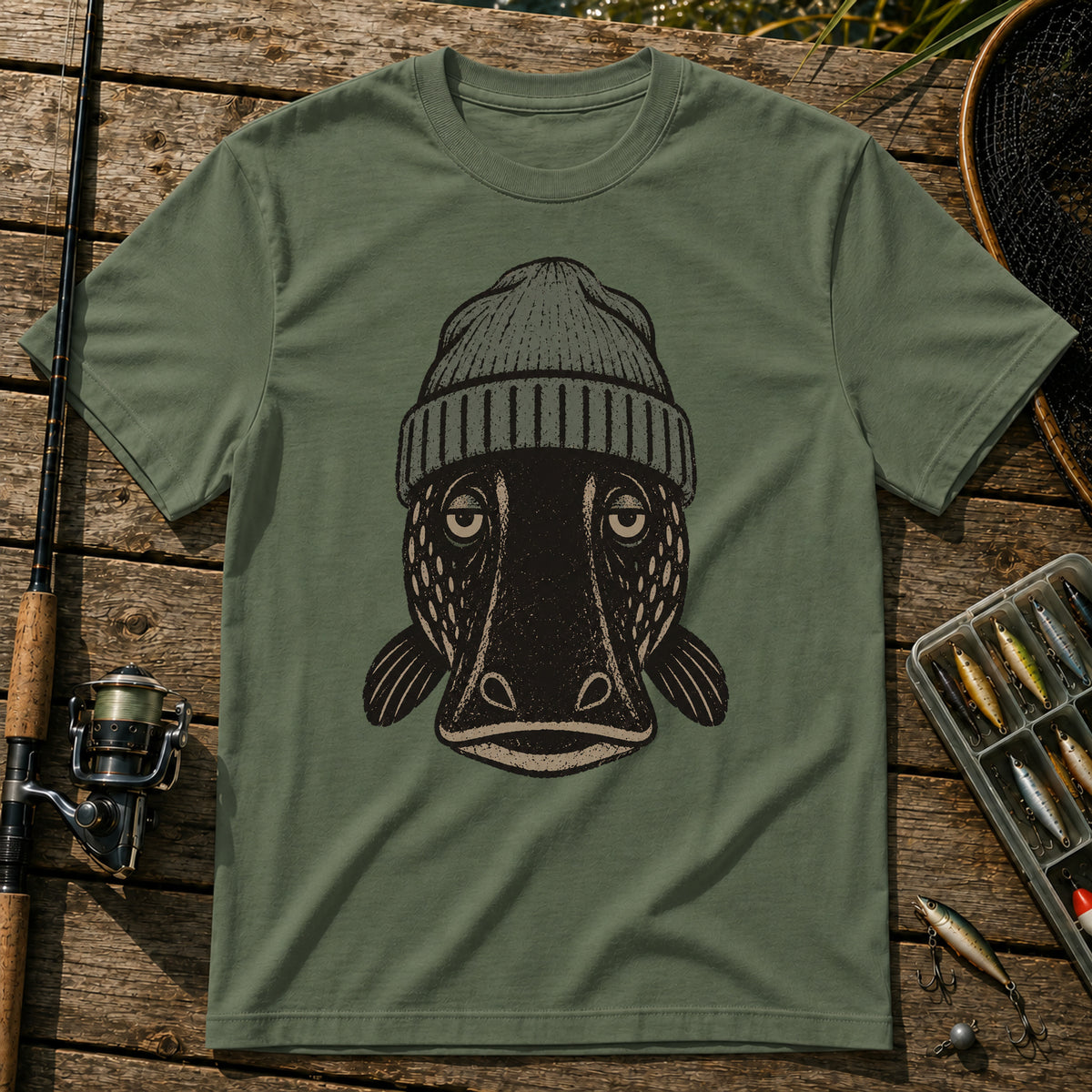 Straight Face Fish T-Shirt in Military