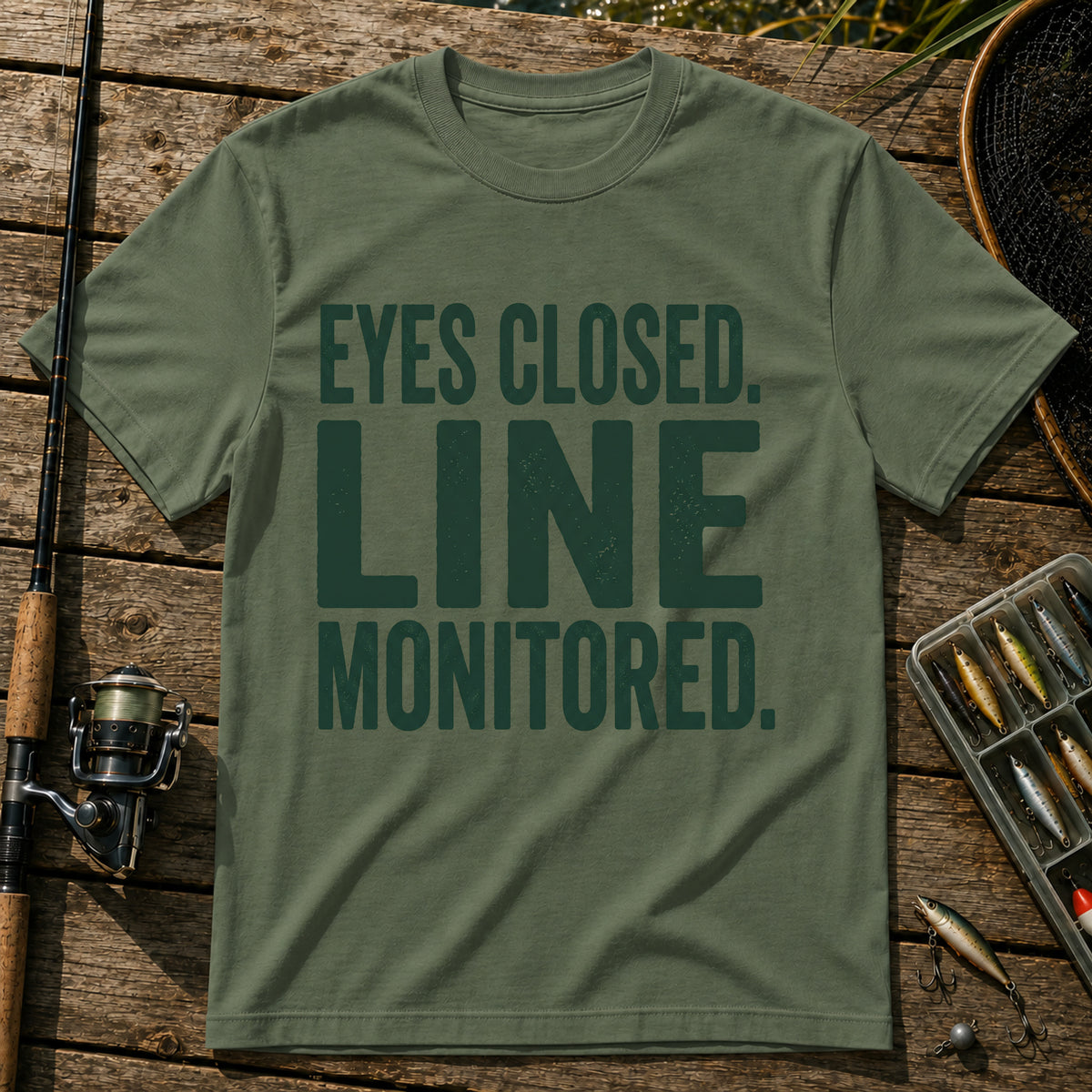 EYES CLOSED. LINE MONITORED. Typography T-Shirt in Military