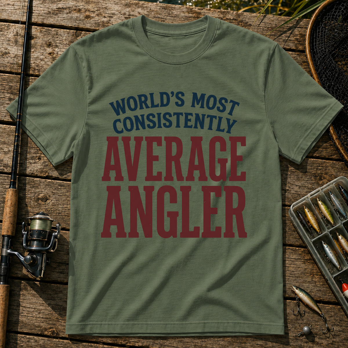 WORLD'S MOST CONSISTENTLY AVERAGE ANGLER Typography T-Shirt in Military