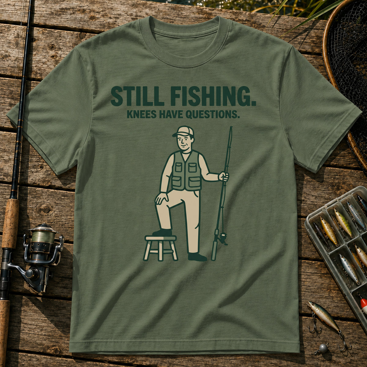 STILL FISHING. KNEES HAVE QUESTIONS. T-Shirt in Military