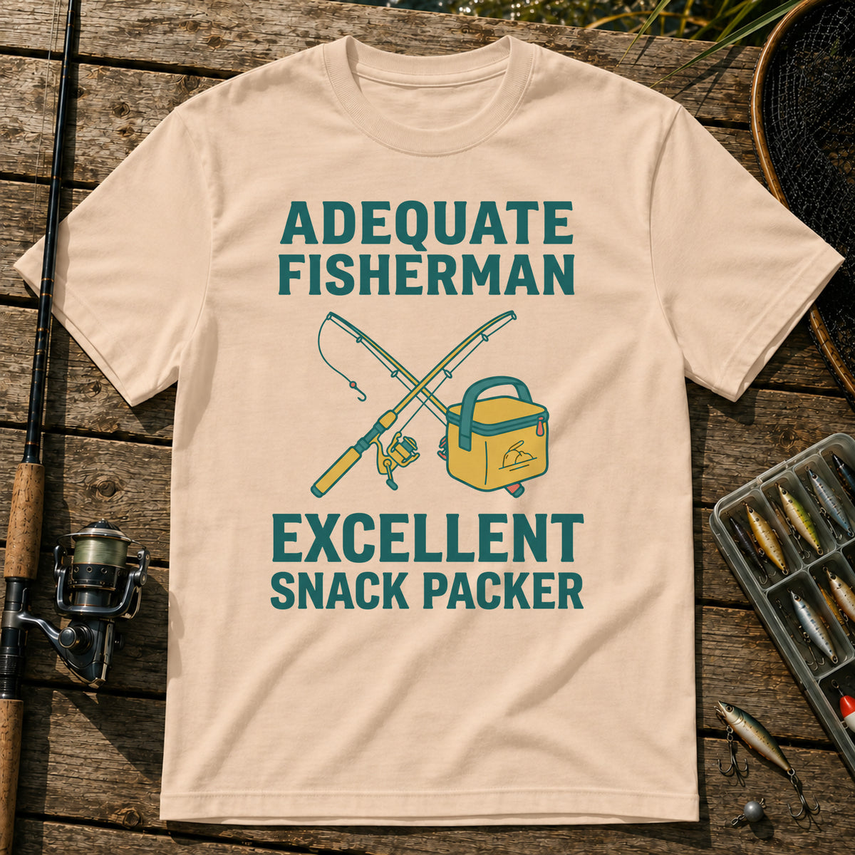 ADEQUATE FISHERMAN. EXCELLENT SNACK PACKER T-Shirt in Cream