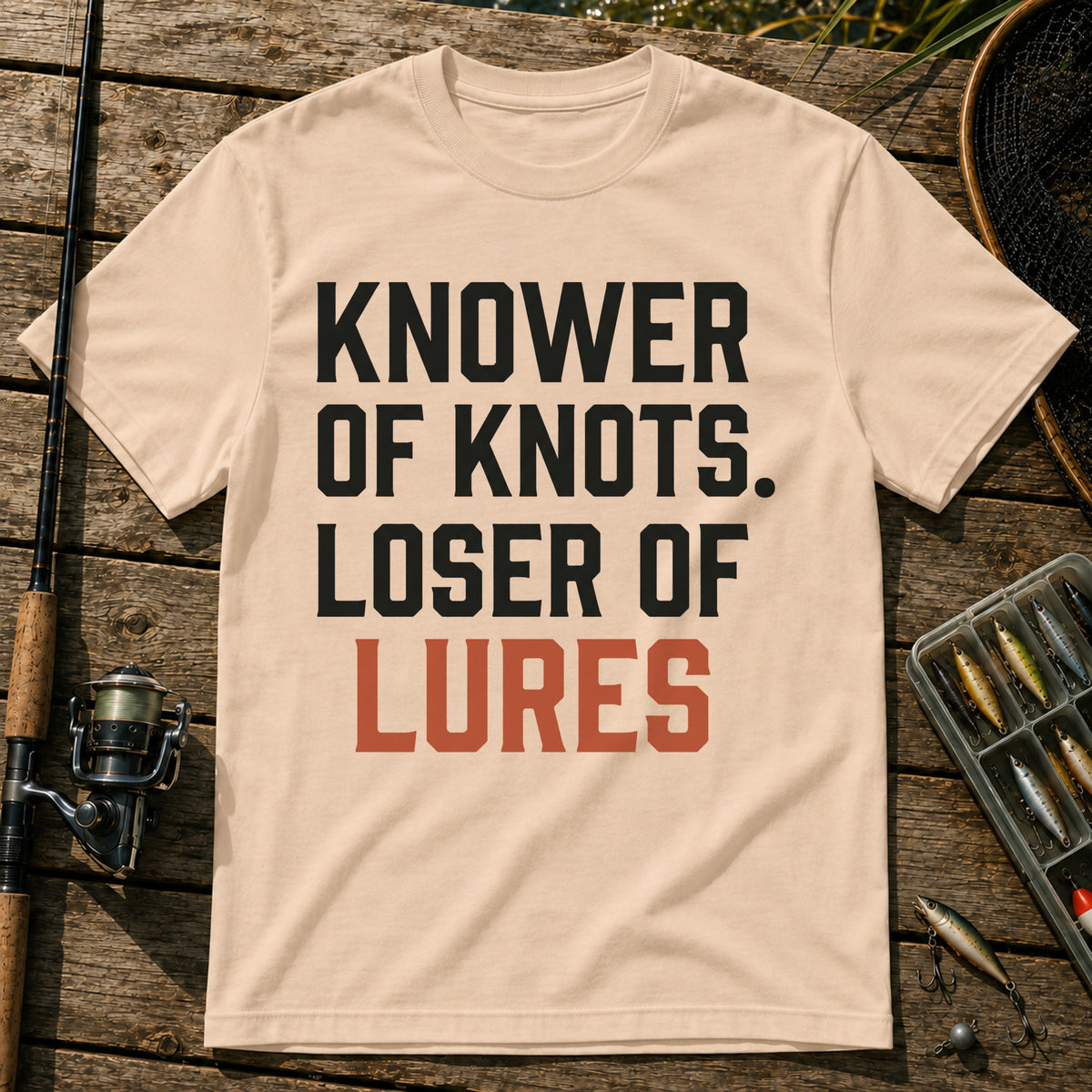 KNOWER OF KNOTS. LOSER OF LURES Typography T-Shirt in Cream