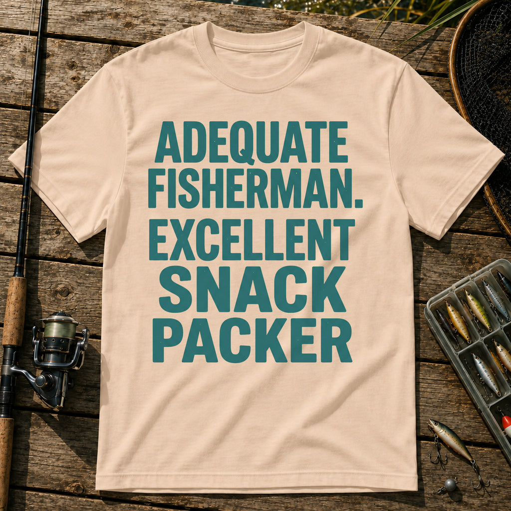 ADEQUATE FISHERMAN. EXCELLENT SNACK PACKER Typography T-Shirt in Cream