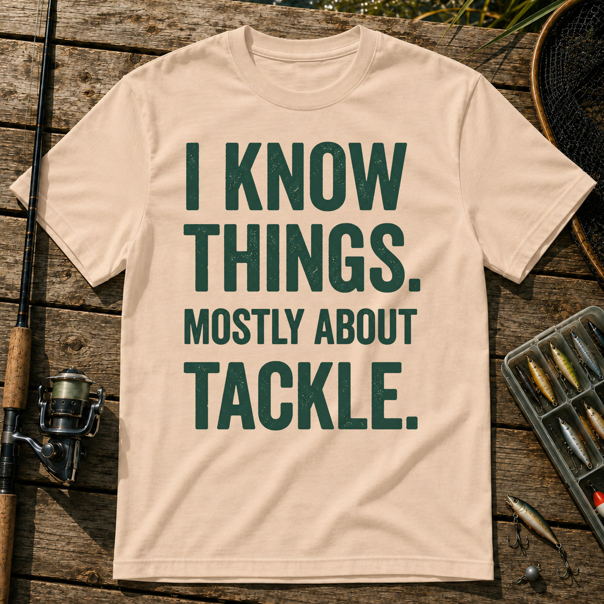 I KNOW THINGS. MOSTLY ABOUT TACKLE. Typography T-Shirt in Cream