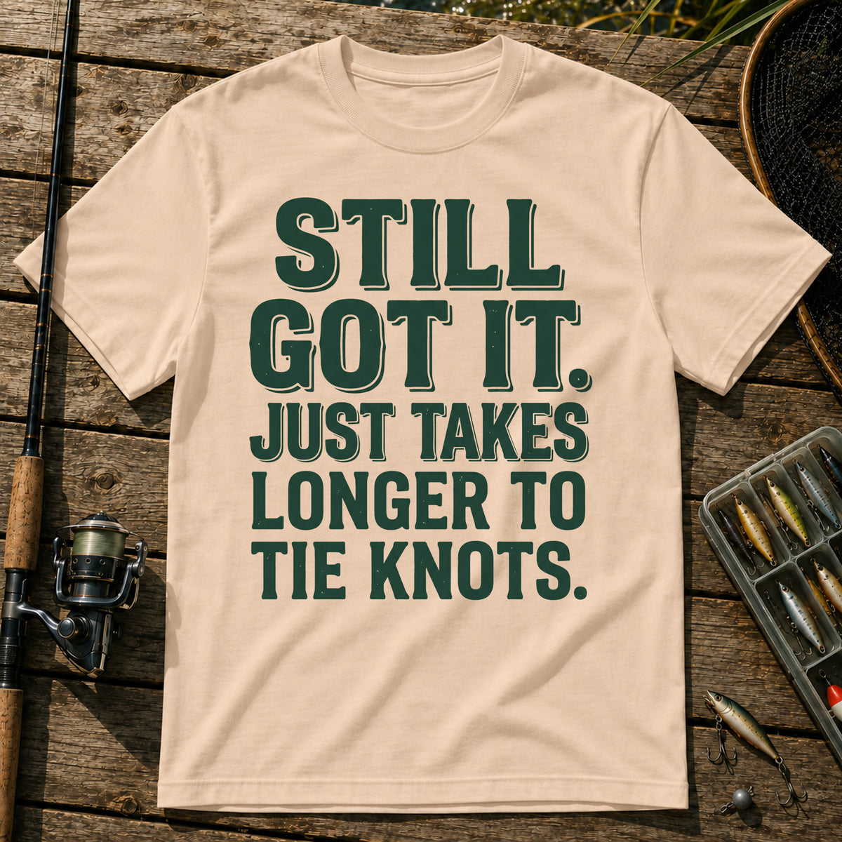 STILL GOT IT. JUST TAKES LONGER TO TIE KNOTS. Typography T-Shirt in Cream