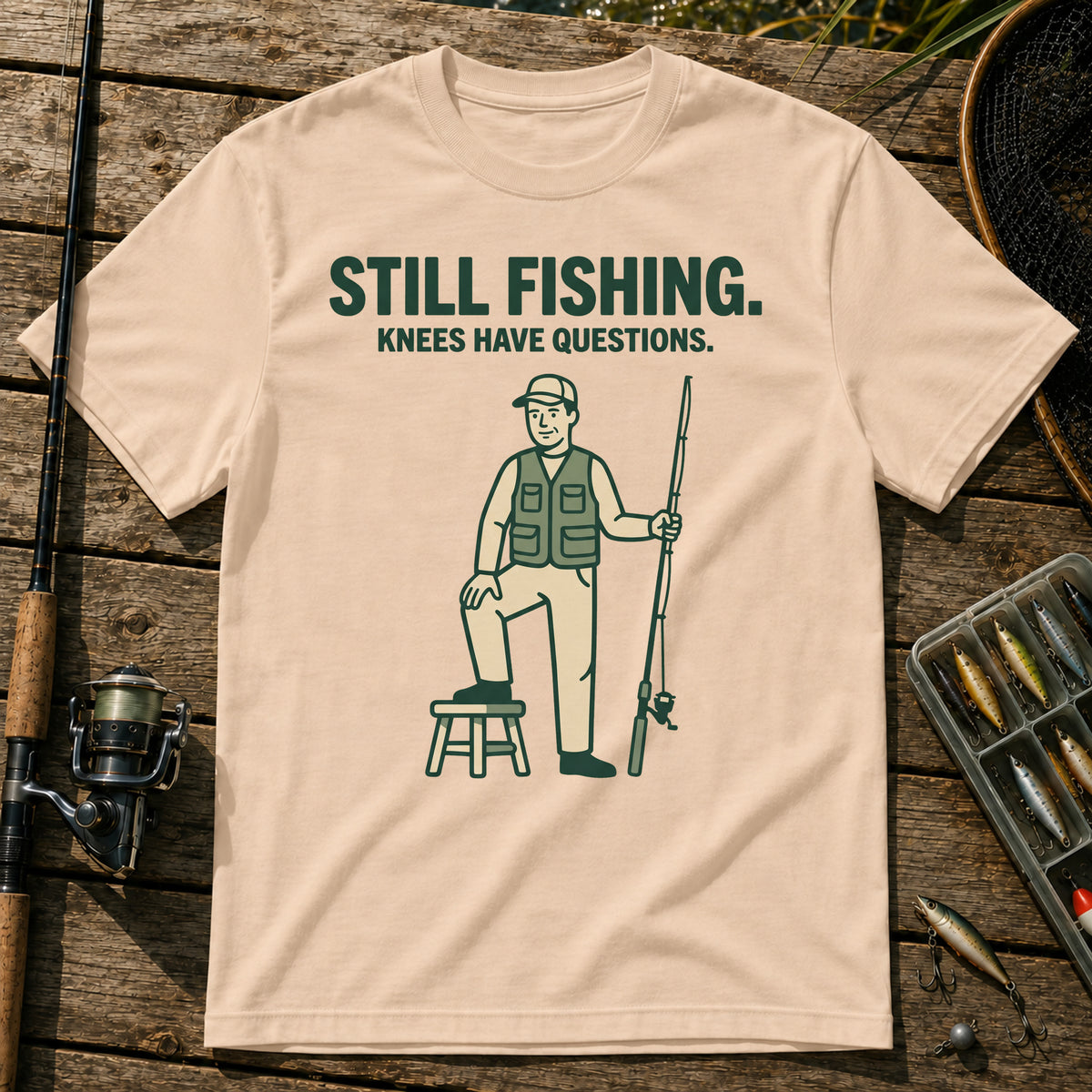 STILL FISHING. KNEES HAVE QUESTIONS. T-Shirt in Cream