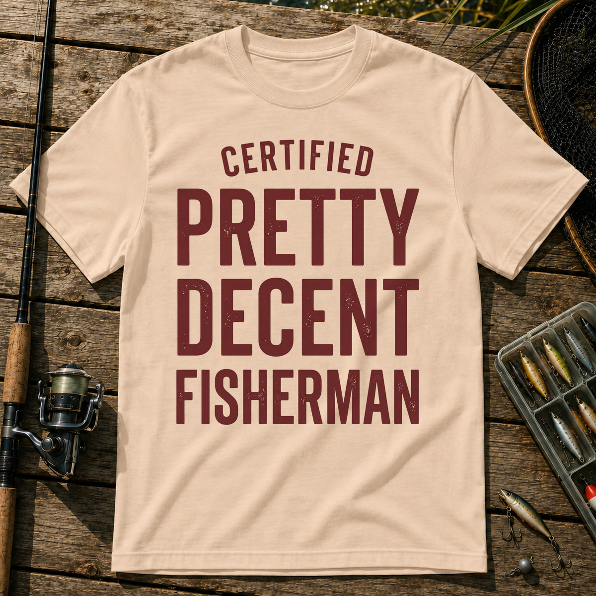 CERTIFIED PRETTY DECENT FISHERMAN Typography T-Shirt in Cream