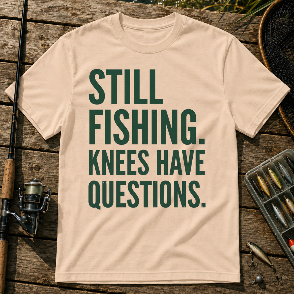 STILL FISHING. KNEES HAVE QUESTIONS. Typography T-Shirt in Cream