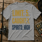 LIMIT: 5. CAUGHT: 1. SPIRITS: HIGH Typography T-Shirt in Grey