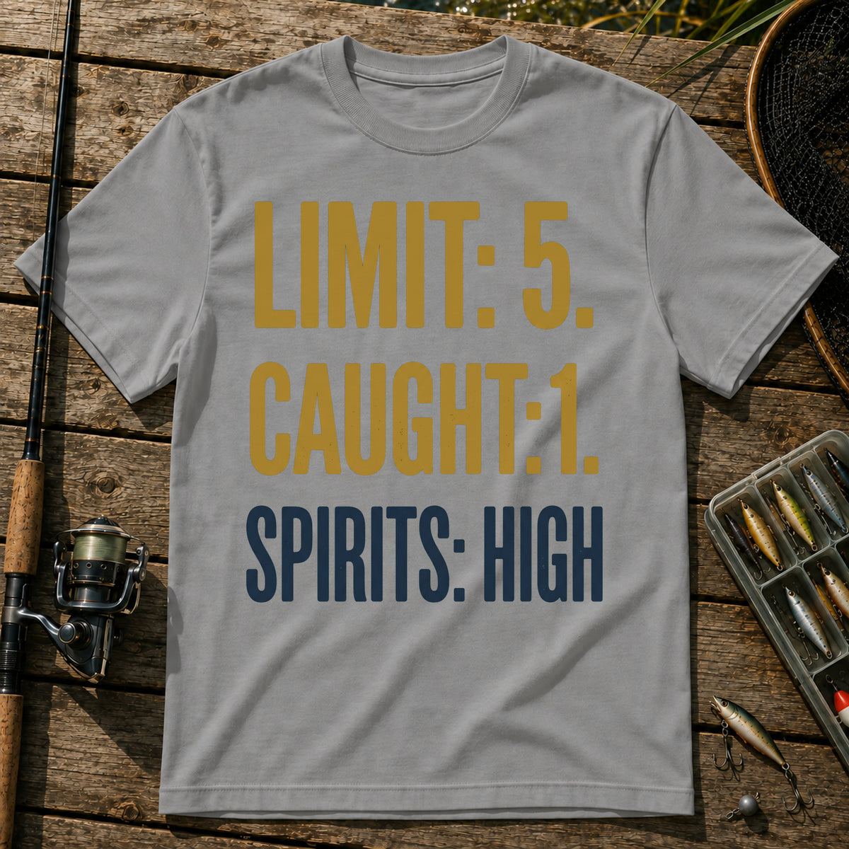LIMIT: 5. CAUGHT: 1. SPIRITS: HIGH Typography T-Shirt in Grey