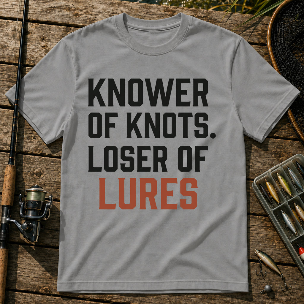 KNOWER OF KNOTS. LOSER OF LURES Typography T-Shirt in Grey