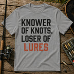 KNOWER OF KNOTS. LOSER OF LURES Typography T-Shirt in Grey