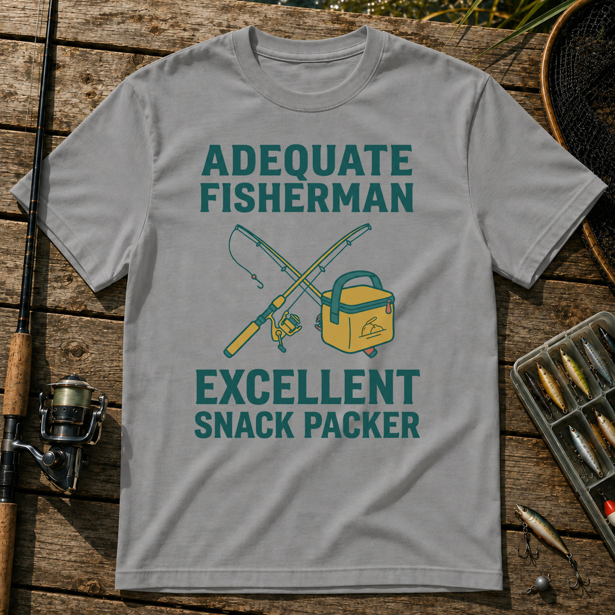 ADEQUATE FISHERMAN. EXCELLENT SNACK PACKER T-Shirt in Grey