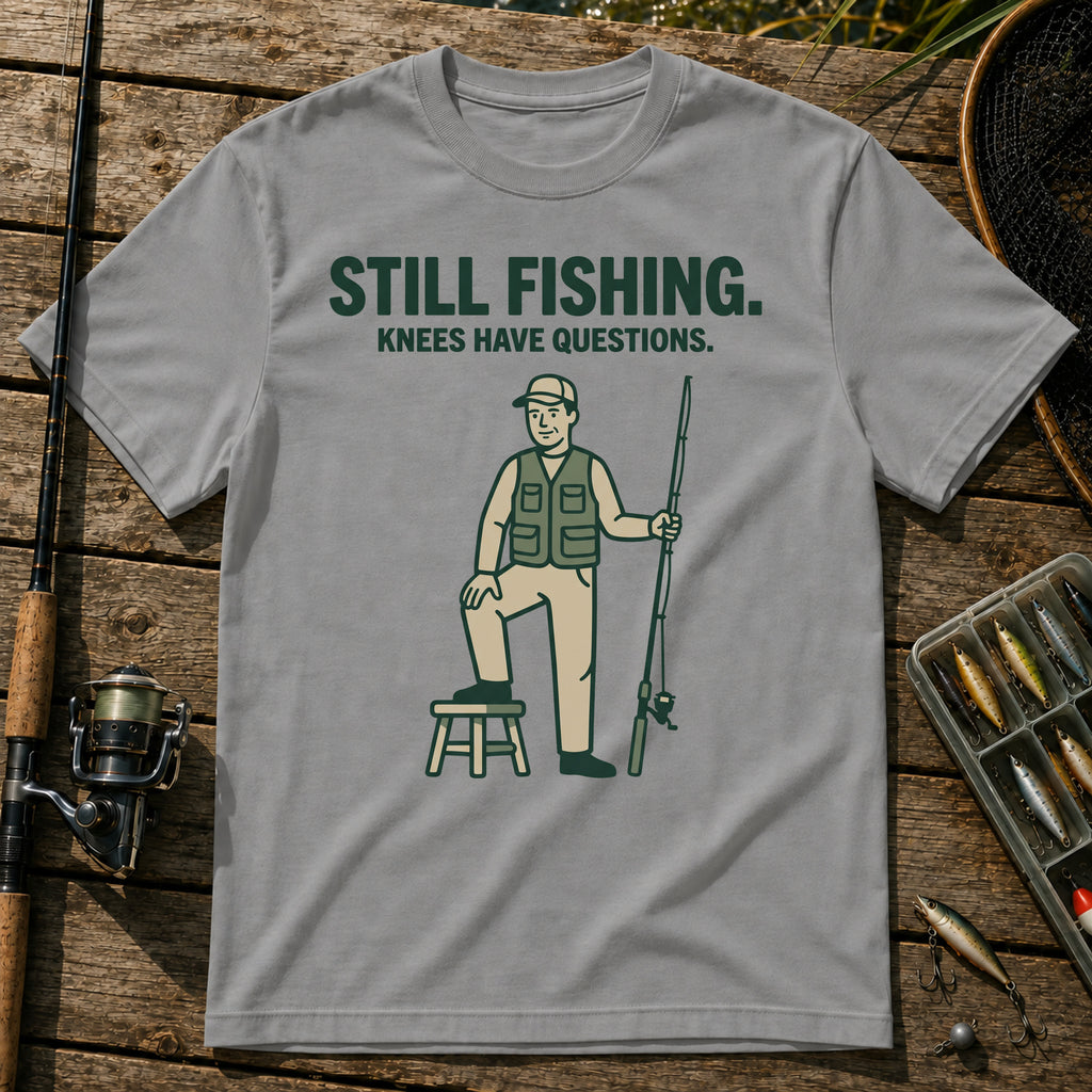 STILL FISHING. KNEES HAVE QUESTIONS. T-Shirt in Grey