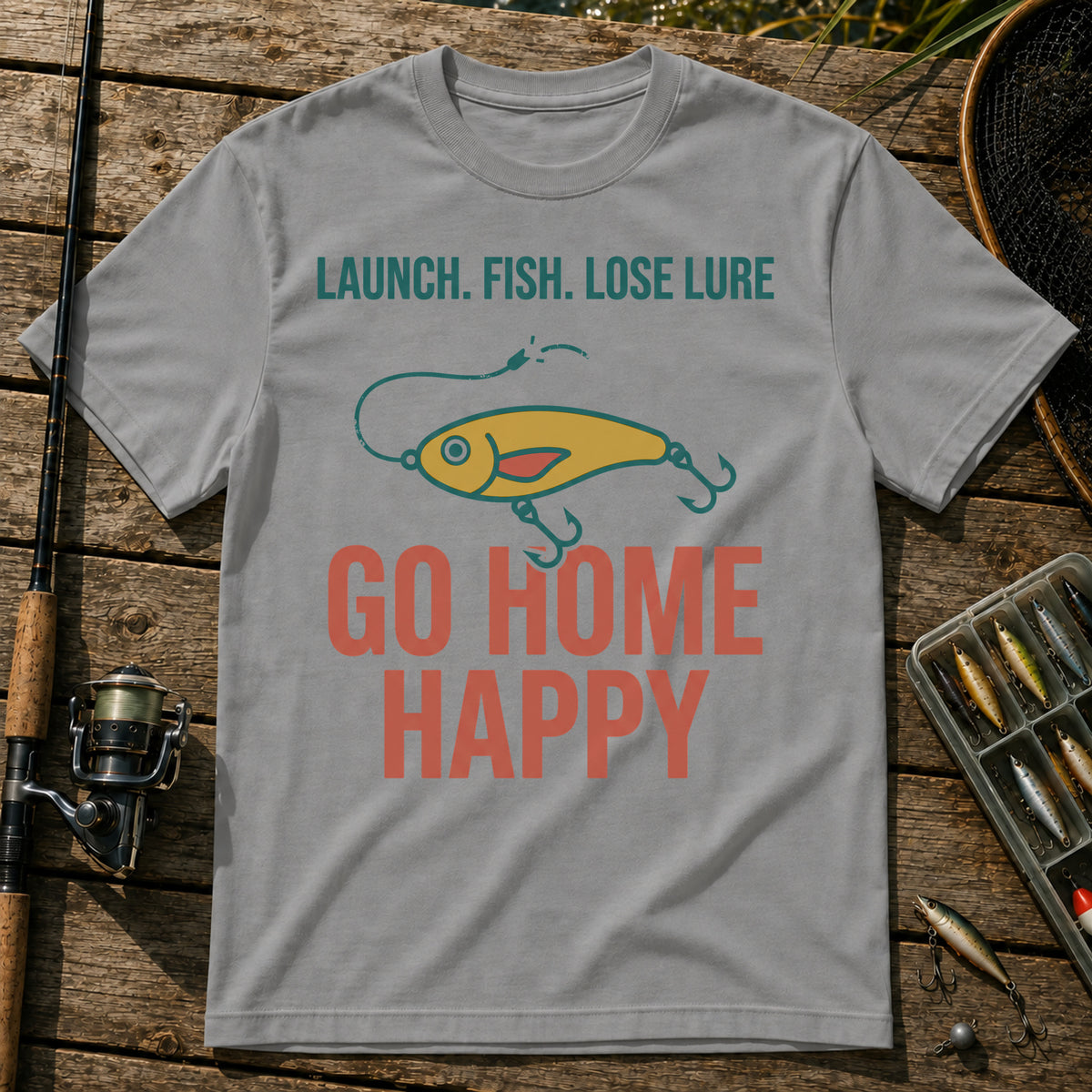 LAUNCH. FISH. LOSE LURE. GO HOME HAPPY T-Shirt in Grey