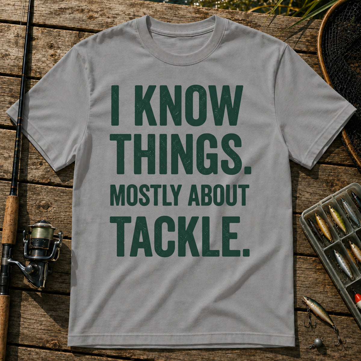 I KNOW THINGS. MOSTLY ABOUT TACKLE. Typography T-Shirt in Grey