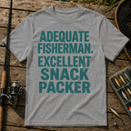 ADEQUATE FISHERMAN. EXCELLENT SNACK PACKER Typography T-Shirt in Grey