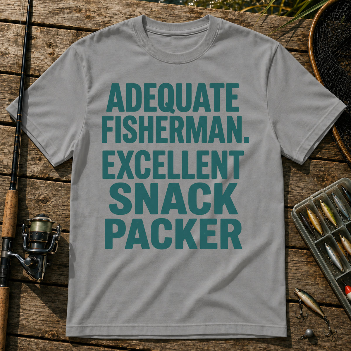 ADEQUATE FISHERMAN. EXCELLENT SNACK PACKER Typography T-Shirt in Grey
