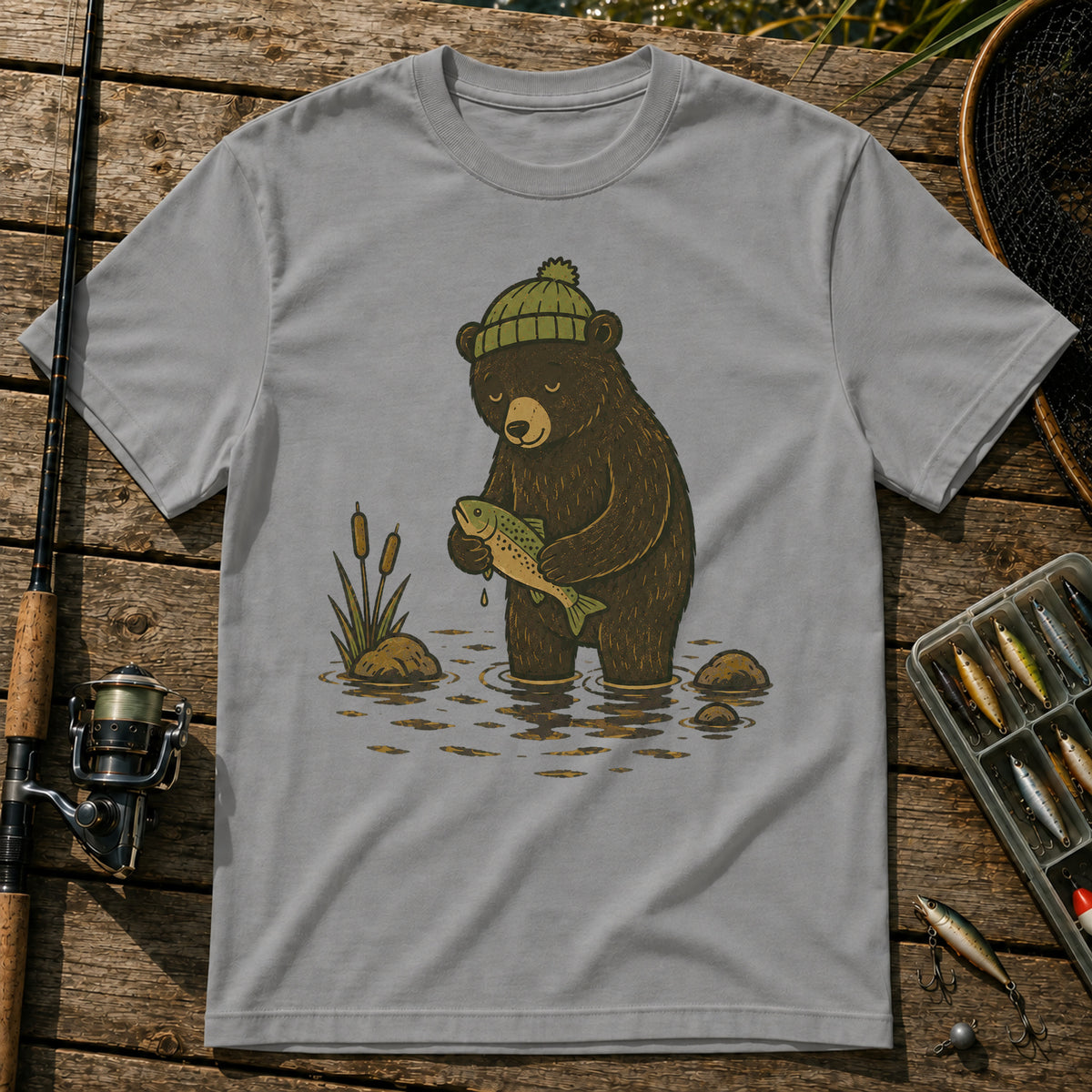 Bear Getting Fish T-Shirt in Grey