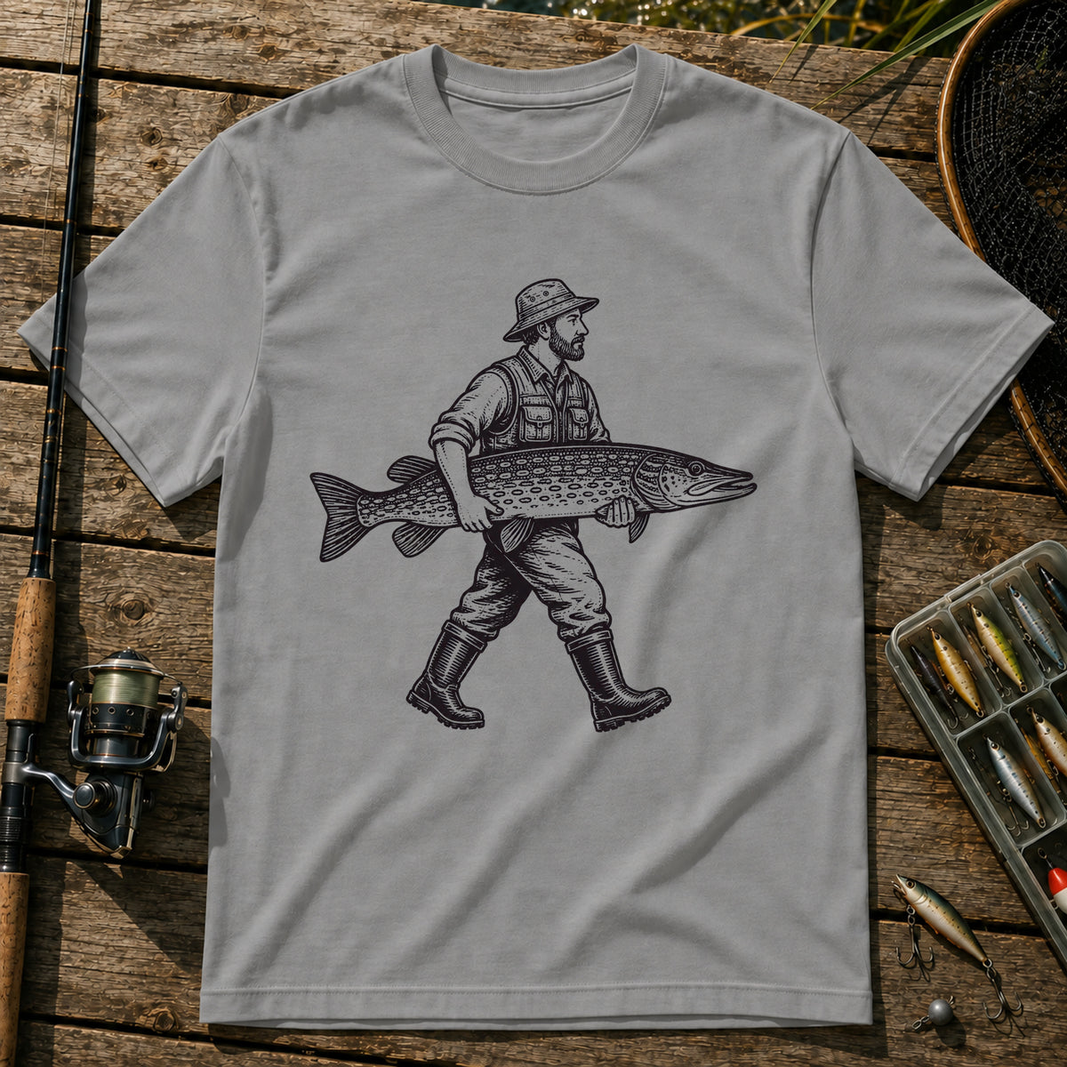 Man With Fish T-Shirt in Grey
