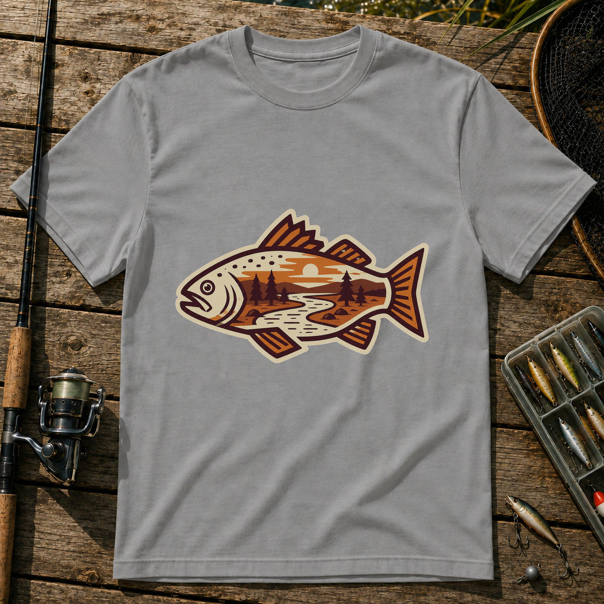 Fish And River T-Shirt in Grey