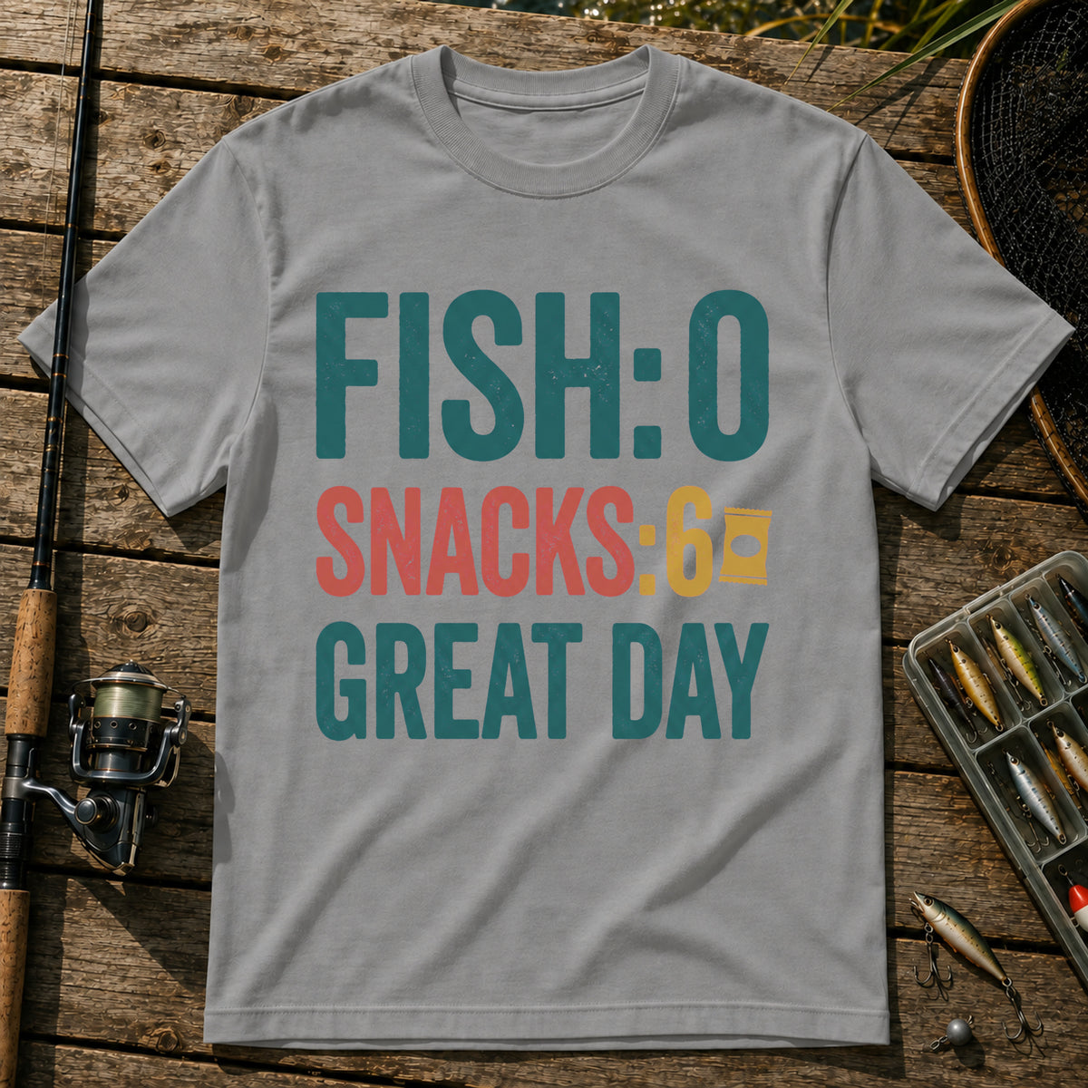 FISH: 0. SNACKS: 6. GREAT DAY T-Shirt in Grey